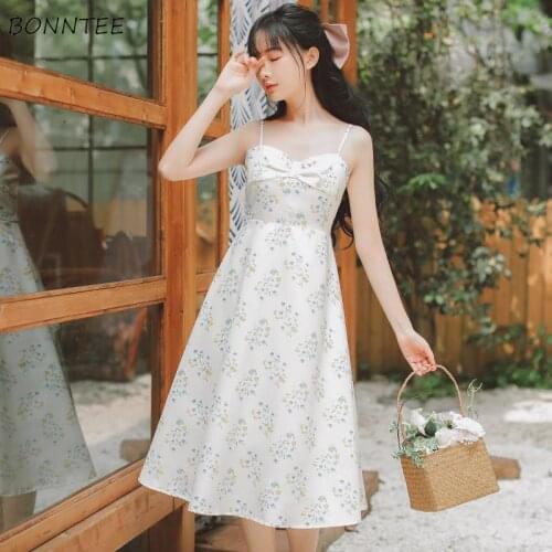 Dresses Women Floral Elegant Korean Style High-waist Backless Ulzzang All-match Tender Sweet Girls Ladies Leisure Vestidos Midi