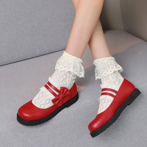 YQBTDL 2020 Trendy Flat Heel Lolita Mary Jane Womens Shoes Hook Loop Ruffle Lace Bow Knot Ladies Flats White Red Party Shoes