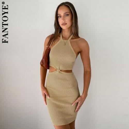 Fantoye Sexy Hollow Out Halter Women Dress Khaki Sleeveless Backless Slim Dress Ladies Summer Fashion Skinny Streetwear Vestidos