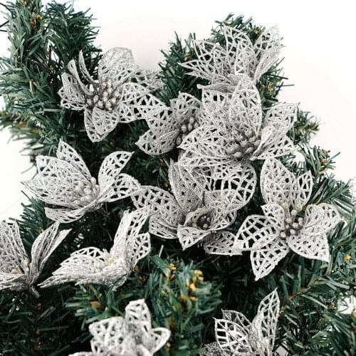 12Pcs Christmas Glitter Poinsettia Plastic Sticky Hollow Pendant Flowers DIY Craft Xmas Tree Ornaments Wreath Decorating Tool