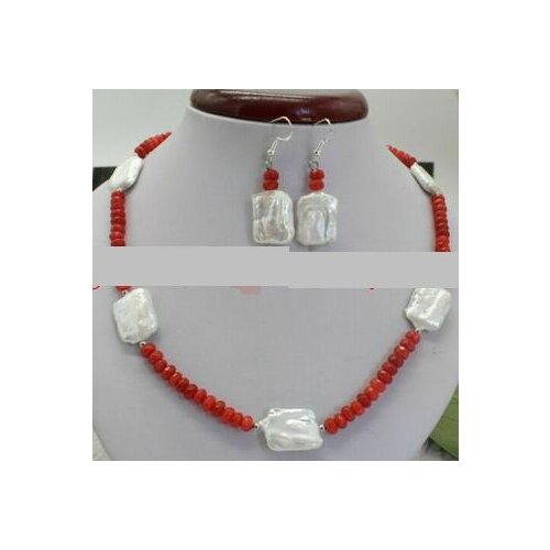 2x4mm Faceted Orange rebd pink blue green Jade & 15x20mm White Baroque Pearl Necklace Earrings 18