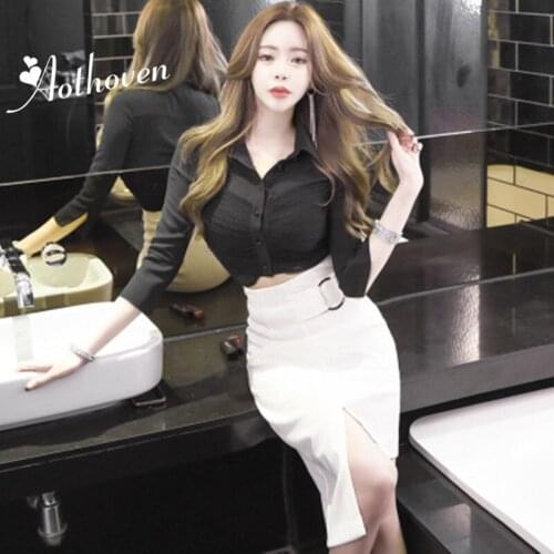 2 Piece Set Women Autumn Black Turndown Collar Half Puff Sleeve Vintage Office Top and Party Asymmetrical Skirt Two Piece Set