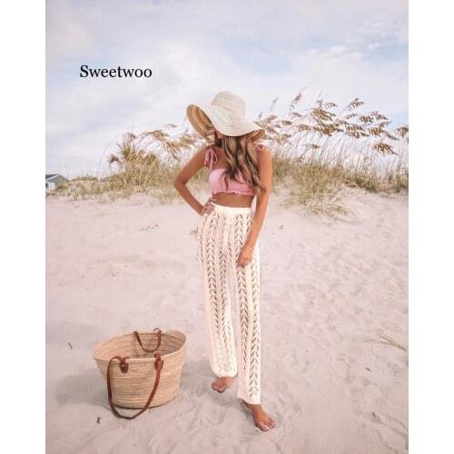 Hot Women Crochet Knitted Pants Solid Hollow Out Bandage Elastic Straight Casual Trouser Holiday Beach Wide Leg Bikini Cover Up