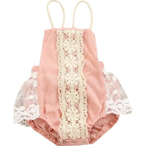 New Baby Lace-joint Short Romper, Girls Floral Crochet Sleeveless Backless Jumpsuit for Summer