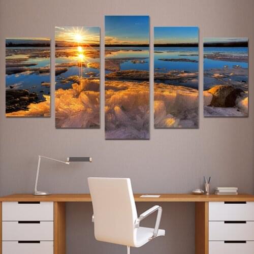 Home Decor Poster HD Pictures Prints Canvas 5 Piece Modular Ice Sea Sunset Frozen Lake Living Room Decorative Painting Framed