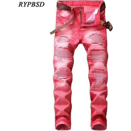 Men Skinny Jeans Pants Fashion Streetwear Vintage Slim Fit Pleated Biker Male Casual Stretch Denim Pants Straight Trousers