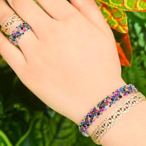 Kellybola Fashion Gorgeous Dubai Morocco Bohemia Open Bangle Ring 2 PCS Set for Women Bridal Wedding Daily Party Jewelry Set