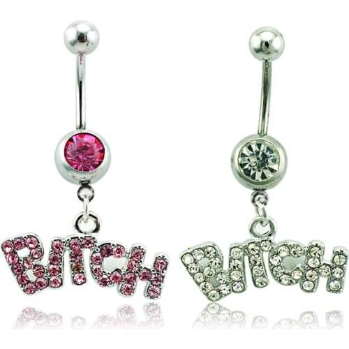 Belly Ring Letter "Bitch" Sexy Crystal Navel Bar Ring White Pink Body Piercing Surgical Button 1PCSBody Jewelry