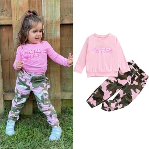 FOCUSNORM 1-6Y Fashion Kids Girls Clothes 2pcs Letter Printed Long Sleeve Sweatshirt Tops Camouflage Pants Autumn Outfits