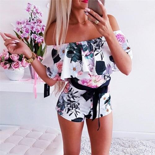 Summer Women Boho Bodycon Romper Fashion Off Shoulder Floral Playsuits Tights Bodysuit Short Pants Trouser