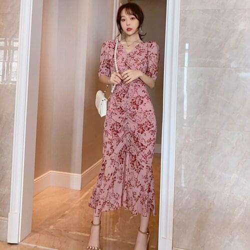 Fashion Summer Vintage Short Sleeve French Romantic Midi Dress Ladies Elegant Streetwear Casual Floral Asymmetrical Dress Robe