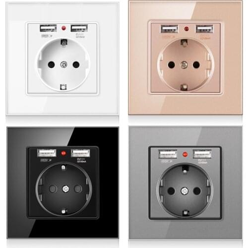 EU Standard Wall Dual USB Charging Port 2.1A LED on/off Indicator 16A USB Power Socket Outlet AC 220v glass crystal panel
