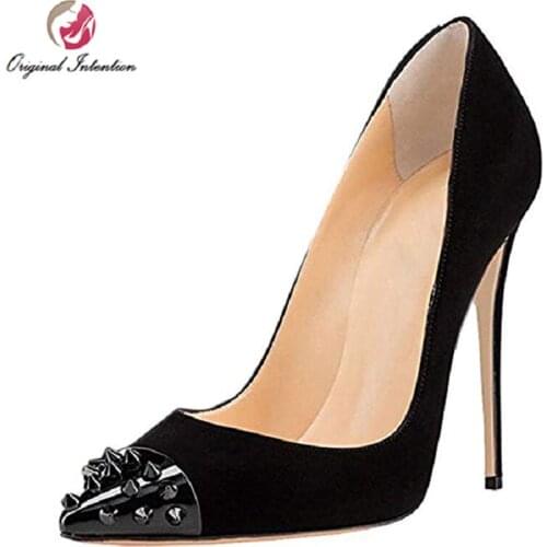 Original Intention Sexy Women Pumps Studded Rivet High Heels Ladies Wedding Party Shoes Sapato Feminino Black Green Purple Brown