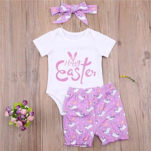 Newborns Three Piece Easter Set Girls Lettering Printed Romper Rabbit Pattern Shorts and Hairband for 0-18M