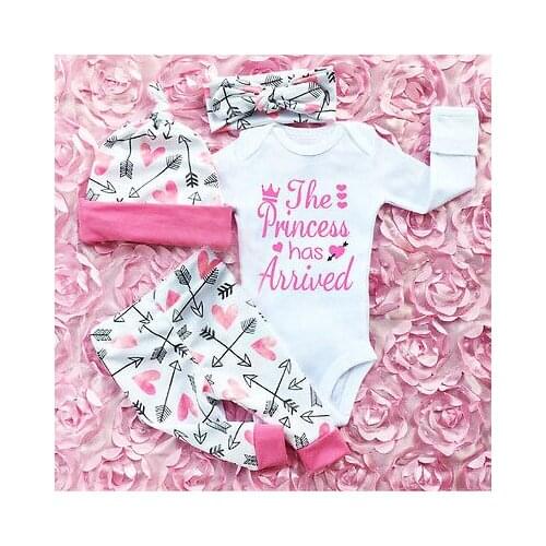 0-24M Baby Girl Casual Clothes Set Letter Print Long Sleeve Romper + Elastic Waist Long Pant + Hat + Headband 4Pcs Autumn Outfit