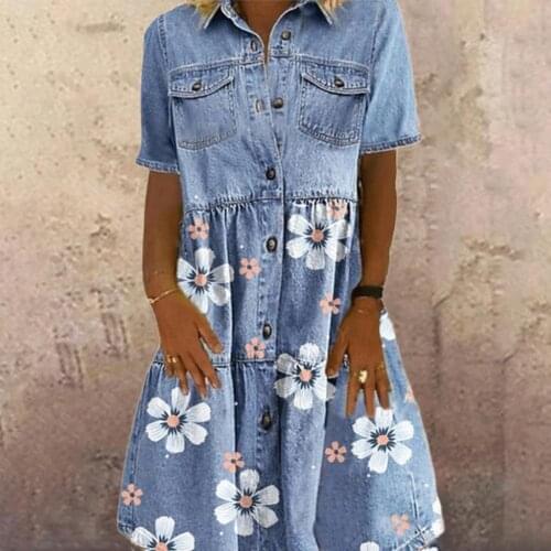 Plus Size Summer Style Denim Dresses Women Turn Down Collar Short Sleeve Slim Jeans Dress With Pockets Vestidos Women Clothing