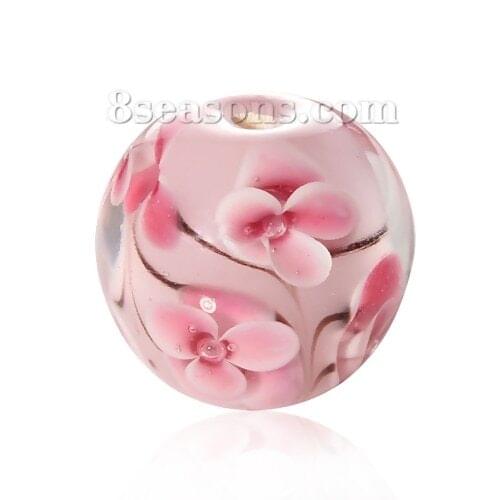 Handmade)Lampwork Glass Loose Beads Round Pink Flower Transparent About 16mm Dia,Hole about:2.3mm-2.7mm,1 PC