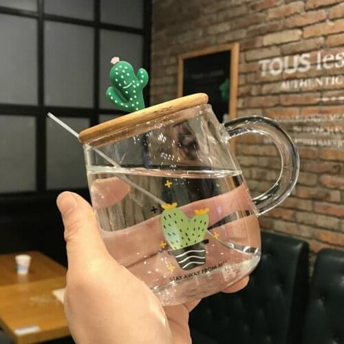 Cute Cactus Tea Mug with Wooden Lid and Spoon Borosilicate Glass Coffee Mug 450ml Clear Drinking Cup for Fruit Juice Coffee Tea