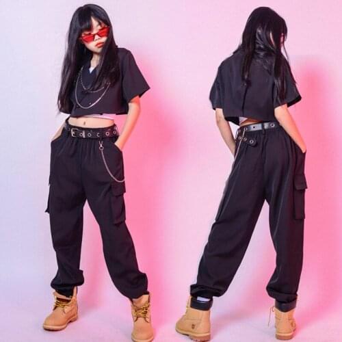 New Girls Hip Hop Dance Costumes Black Short Sleeve Top Pants Children Jazz Performance Clothing Modern Street Dancewear DN6111