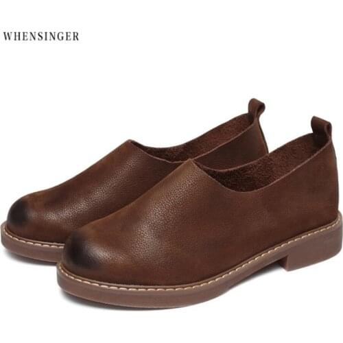 Whensinger -Shoes Woman Genuine Leather Womens Flat Shoes Casual Loafers Slip On Shoes Flats Soft Moccasins Lady Driving Shoes