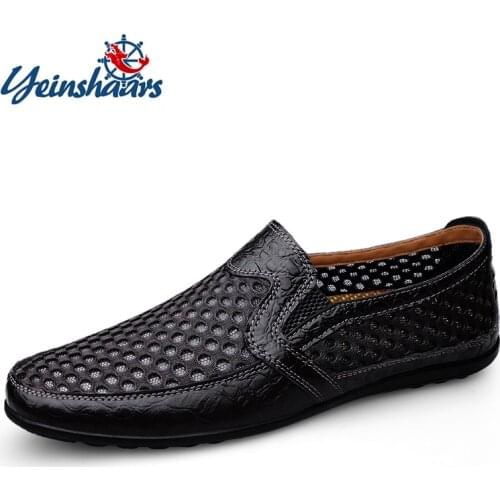 YEINSHAARS New Casual Shoes Men Summer Comfortable Mesh Genuine Leather Footwear Fashion Soft Male Outdoor Moccasins Loafers