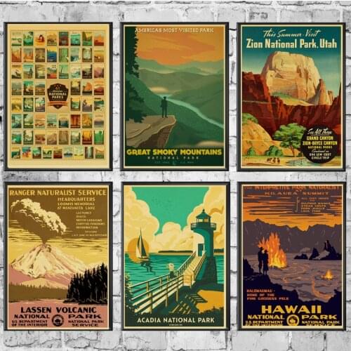 Vintage National Park Landscape Retro Posters and Prints Wall Stickers Print on Kraft Paper Art For Home Room Decor Painting