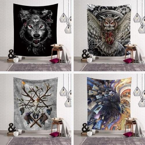 Wolfs Gaze Holy Animals Tapestry Decoration Wall Hanging owl Wolf deer Pattern Background Wall Home Textile Decoration
