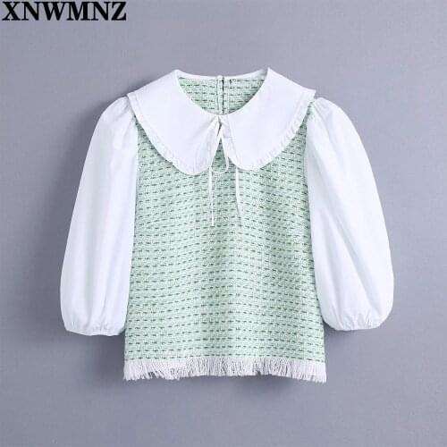 XNWMNZ 2021 Summer Fashion womens contrast textured shirt Sweet half sleeve Peter pan collar stitching shirt blouse For Girls