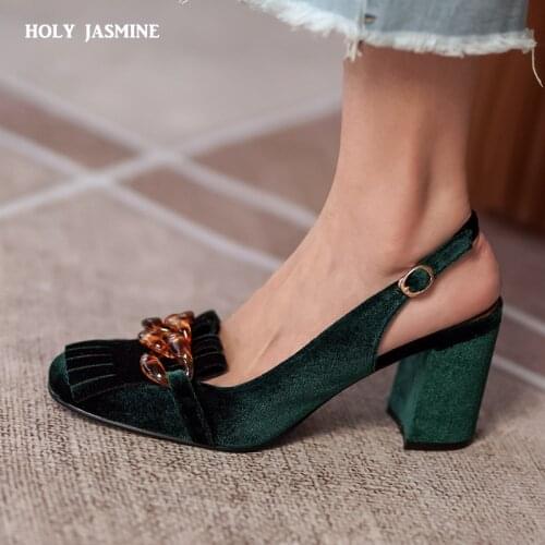 2021 Summer Chunky High Heel Sandals Women Retro Velvet Shallow Mouth Slingback Crystal Chain Fringe Tassel Pumps Banquet Shoes