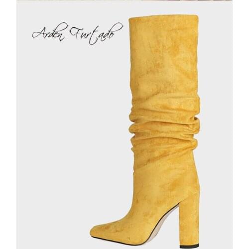 Arden Furtado Winter Fashion Boots Elegant Chunky Heels Blue Block Heels Slip On yellow Square Head Ladies knee high boots Shoes
