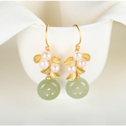Hetian jade earrings womens pure silver pearl simple advanced Earrings super fairy temperament simple long elegant Earrings