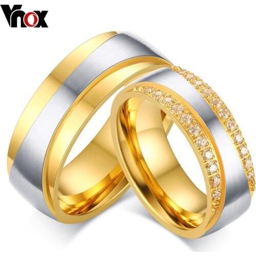 Vnox Women Men Engagement Ring Engrave Name Luxury CZ Zirconia Gold-color Wedding Ring Love Jewelry US Size