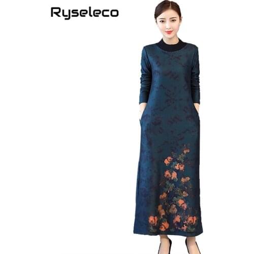 2018 Winter Women Vintage Retro Design Plus size Big Long Sleeve Floral Print Plus size Basic Dresses Ladies Fleece Casual Dress