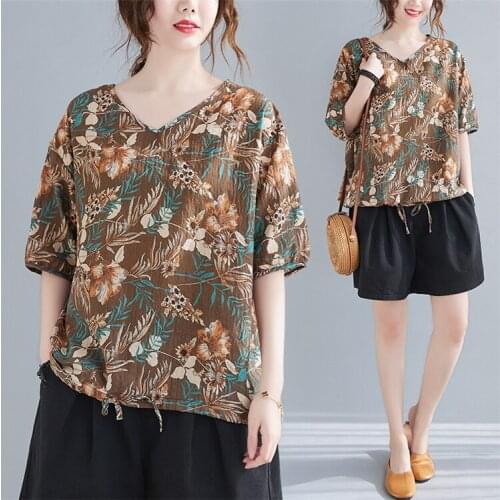 2021 Summer Cotton Linen Floral Printing V-neck T-shirt Loose Plus Size Blouse Women Casual Mori Girls Tees Tops Female Tshirt