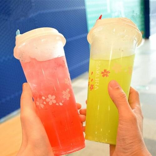 50pcs High quality creative cherry blossoms party favor cold hot drink cup 500ml/700ml milk tea transparent plastic cup with lid