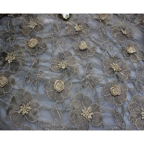 155cm or 61"*1Y Black Organza Based 3D Metallic Gold Floral Embroidered Lace Fabric Bridal Party Dress