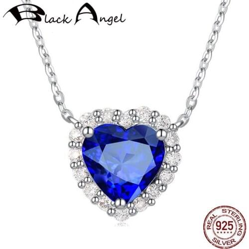 BLACK ANGEL Romantic Heart Shaped Luxury Sapphire 925 Silver Necklace For Women CZ Gemstone Wedding Jewelry Valentines Day Gift