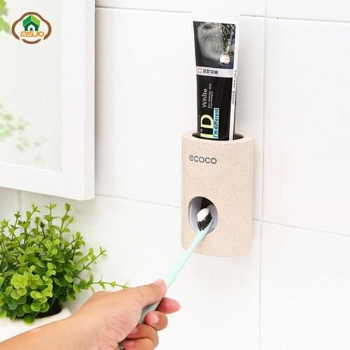 MSJO Toothpaste Squeezers Stand Wall Mount Kids Bathroom Accessories Decor Automatic Toothbrush Holder Toothpaste Dispenser
