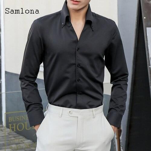 Samlona Elegant Leisure Casual Shirt 2021 Summer Basic Top Sexy Men clothing Black White Open Stitch Mens Blouse Plus size M-4XL