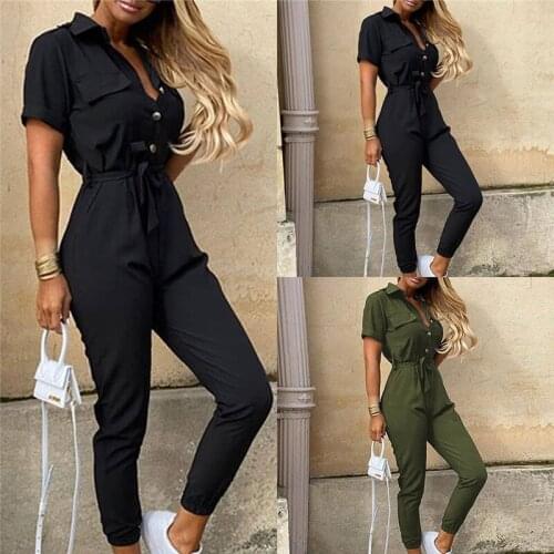 Elegant Solid Jumpsuit Women Summer 2020 Deep V Neck Button Shirt Overalls Short Sleeve Office Lady One Piece Romper Belt