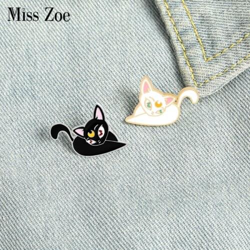 Luna Cat Enamel Pin Moon Girl Kitten Brooches Bag Lapel Pin Black White Animal Badge Jewelry Gift for Kids Fans Friends