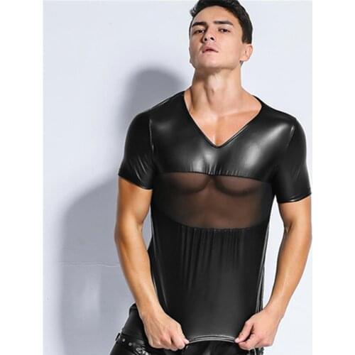 Men T Shirt Mesh Pu Leather Patchwork Streetwear Gay Underwear Wet Look Fetish Dance Tops Tee Tops Sexy Party Nightclub T-shirts