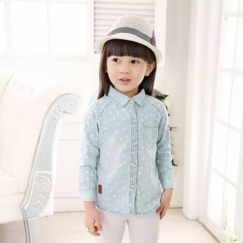 New Arrival Baby Girls Cotton Denim Shirts & Blouses Girls Long Sleeve Denim Shirts Kids Heart-print Soft Denim Shirts