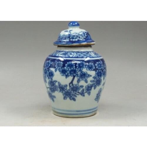 Chinese old Handmade painting flowers blue and white porcelain Tea caddy pot 5