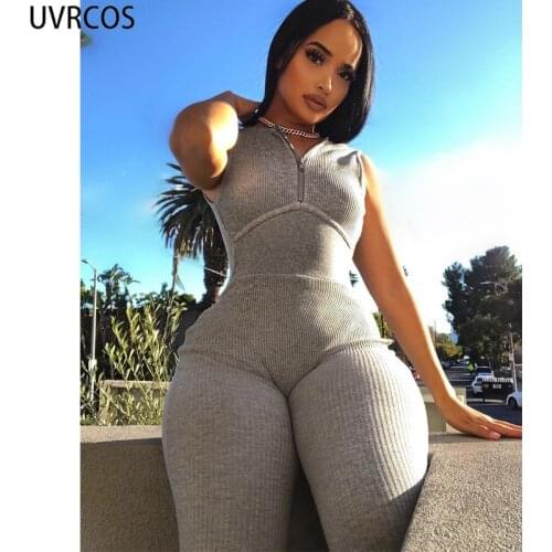 UVRCOS jumpsuit women summer 2021 Ribbed Knitted Patchwork solid color chest zipper sleeveless Bodycon Backless clubwear outfits