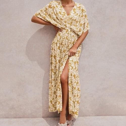 Summer Women Sexy Deep V Neck Split Dress Women Floral Print Short Sleeve Dresses Beach Boho Dress for Women Holiday Wear