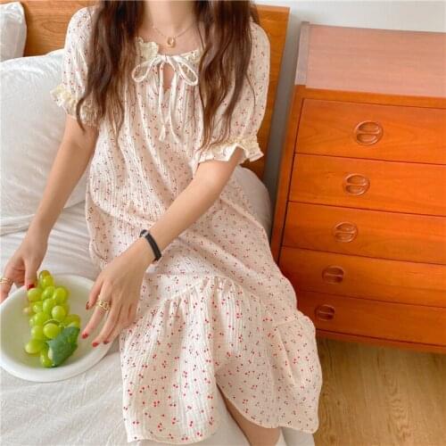 Summer New Nightdress 3 Color Cherry Print Cotton Women Nightgowns Lace Loose Short Sleeve Cute Sleepwear Clothes Homewear