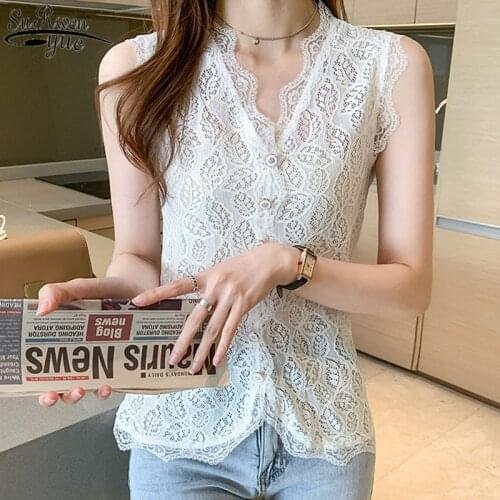 2021 Summer Shirt V-Neck Women Vest Plus Size Elegant Embroidered Lace Mesh Blouse Sleeveless See Through Floral Shirt 13987