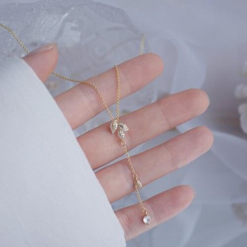 Ins Hot Sale 14K Real Gold Cubic Zircon Leaf Water Drop Temperament Short Necklace for Women Daily Date Jewelry