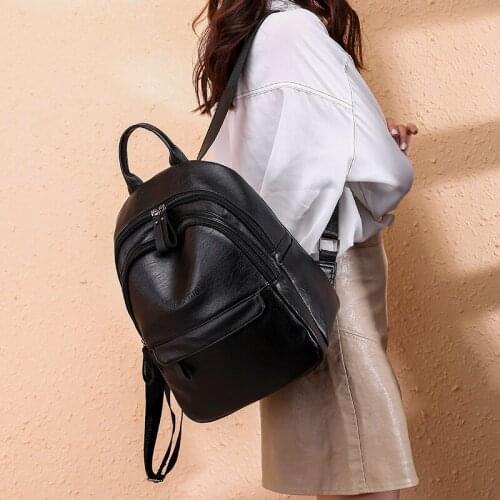 Fashion PU Leather Female Backpack Female Black Backpack Small Zipper Bag Student Backpack Girls Solid Color Backpack Travel